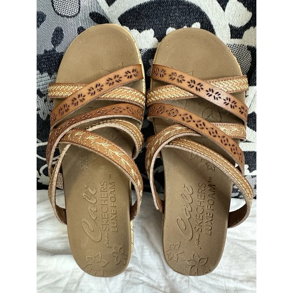 Skechers Women's Size 6.5 Beverlee Tiger Posse Wedge Sandals Brown Leather Shoes - Picture 3 of 7